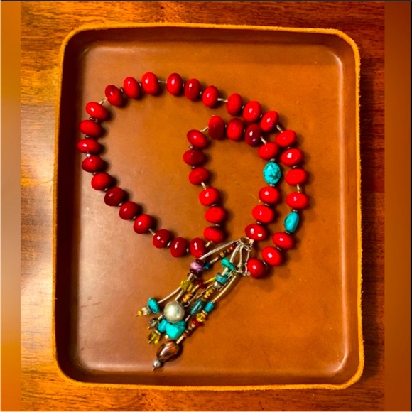 Faceted cranberry red stone and turquoise beaded necklace boho western statement - Picture 2 of 3